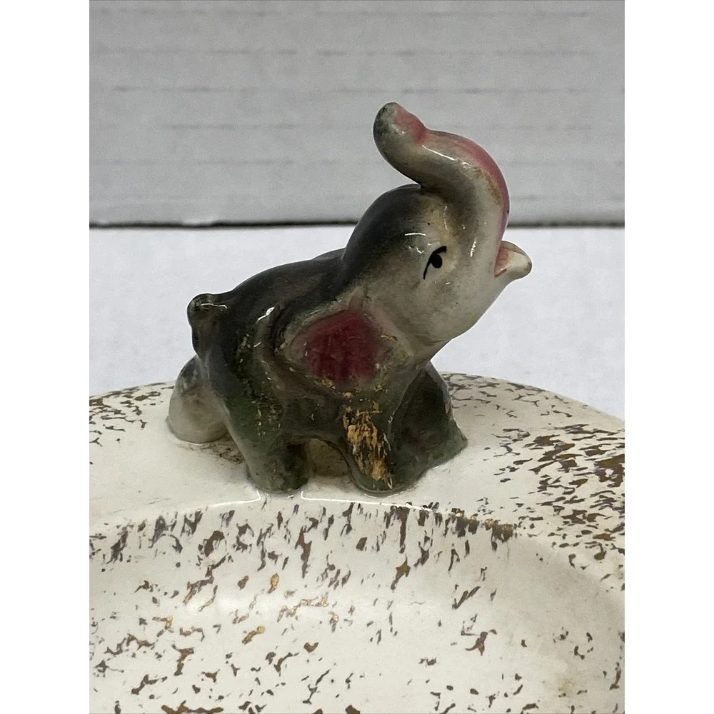 Vtg Ashtray Dish Whimsical Elephant Figurine White W/ Gold specks 6.5 x 4.5